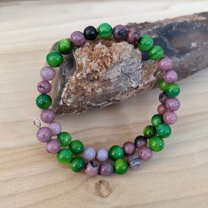 Natural Rhodonite Stone and Green Shell Bracelet